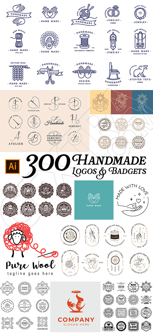 300+ Handmade Logos & Badgets 38xAI