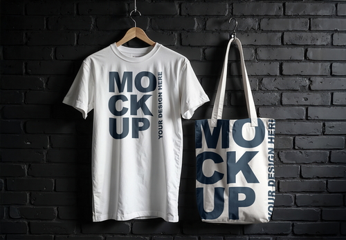 Realistic White T-Shirt and Tote Bag Mockup on a Black Brick Wall