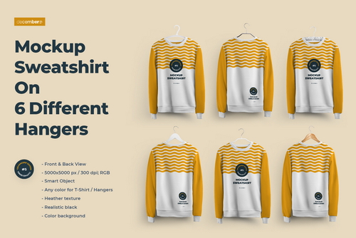 Front and Back Sweatshirt Mockup On 6 Different Hangers