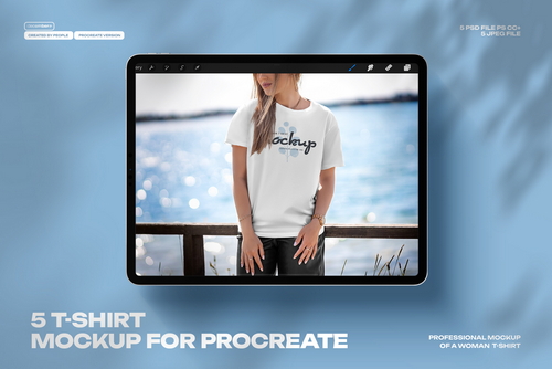 5 Mockups T-Shirt on a Girl in the Outdoor for Procreate on the iPad