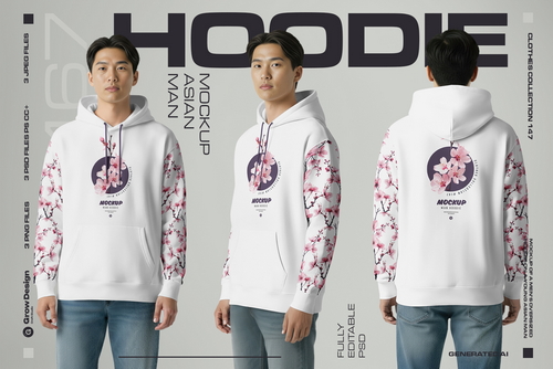 3 Oversized Hoodie Mockups on Asian Man. Vol.01. Generated AI
