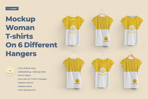 2 Mockups Woman T-shirts On 6 Different Hangers