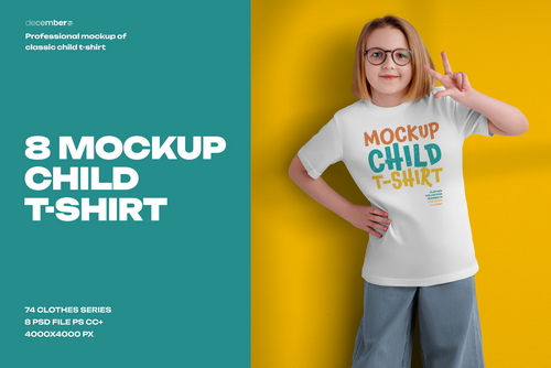8 Mockups of a Children's T-shirt on a Girl with Glasses