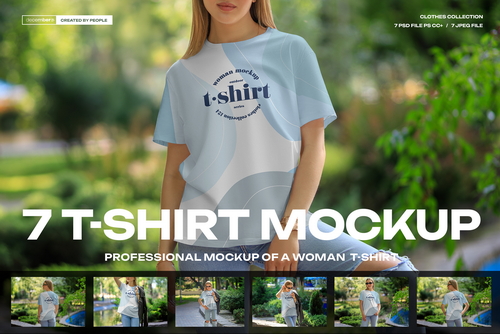 7 Mockups T-Shirt on a Girl Walking in the Outdoor. vol 06