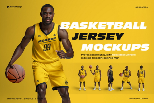 6 Basketball Jersey Mockups on a Dark-Skinned Model. Generated AI