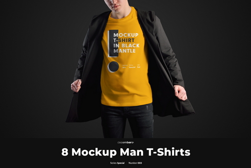 8 Mockups Man T-Shirt In a Black Mantle