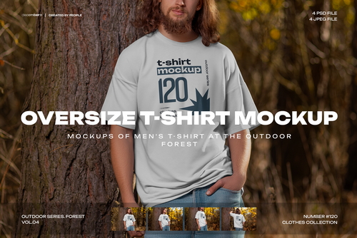4 Mockups of Men's Oversize T-Shirt at the Outdoor. Forest. vol.04