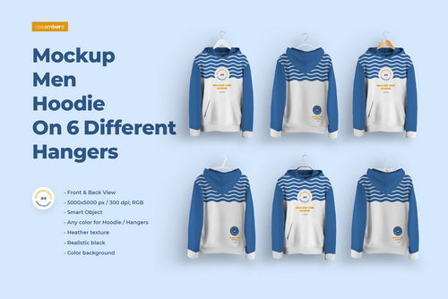 Front and Back Men Hoodie Mockup On 6 Different Hangers