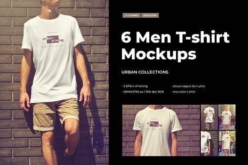 6 Mockups of an Elongated T-shirt on a Young Guy. Urban style