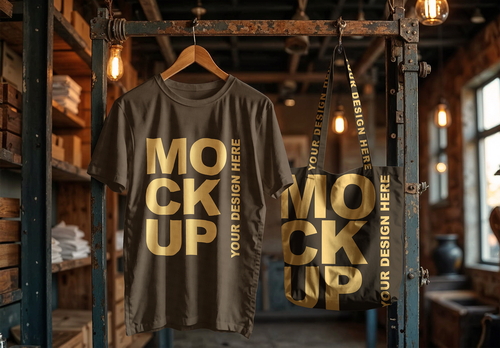 Mockup of White T-shirt and Tote Bag Hanging in an Industrial Vintage Style Streetwear Store