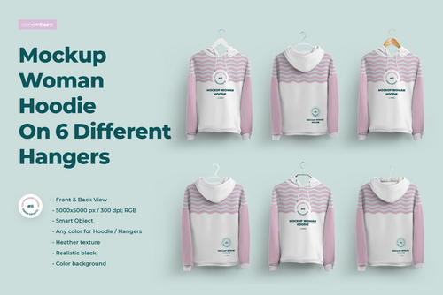 Front and Back Woman Hoodie Mockup On 6 Different Hangers