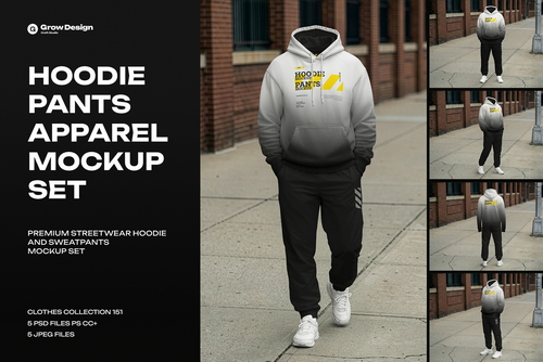 5 Walking Pose Hoodie Pants Apparel Mockup Set. Generated AI