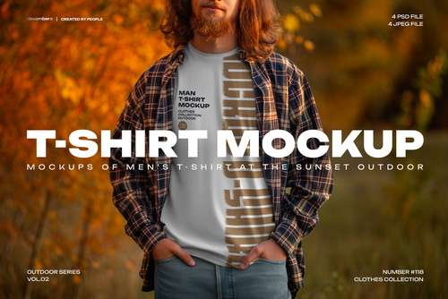 4 Mockups of Men's T-Shirt at the Sunset Outdoor. vol.02