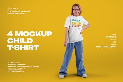 4 Mockups of a Children's T-shirt on a Girl with Glasses