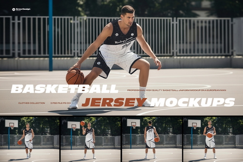 5 Basketball Uniform Mockups on a European Male on an Outdoor Court