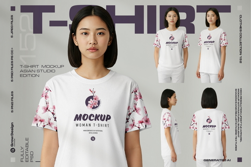 Mockup Woman T-Shirt Set &ndash; Asian Model Studio Edition. Generated Ai