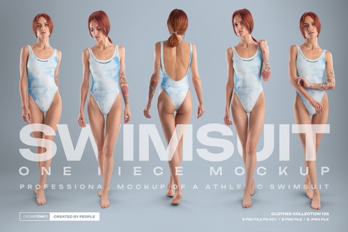 8 Mockups Woman Athletic One Piece Swimsuit vol.03. Full height