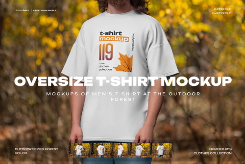 6 Mockups of Men's Oversize T-Shirt at the Outdoor. Forest. vol.03