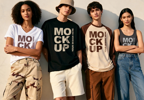 Group Of Diverse Young People Standing In Modern Streetwear Clothing Mockup