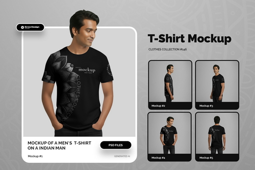 5 T-Shirt Mockups on Indian Man. Vol.01. Generated AI