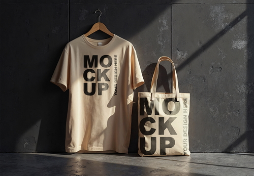 T-shirt and Tote Bag Mockups Contrasting on a Black Painted Grunge Wall