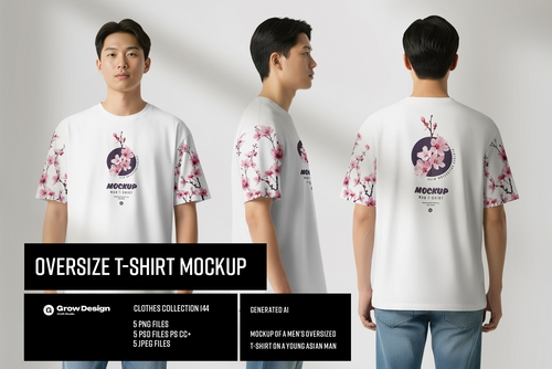 5 Oversized T-Shirt mockups on Asian Man. Vol.01. Generated AI