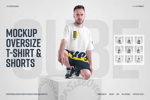 10 Mockups Oversize T-shirt and Shorts Kit on the Cube
