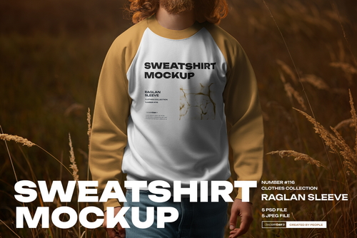 5 Mockups of Men's Raglan Sleeve Sweatshirt on the Sunset Outdoor. Vol 02