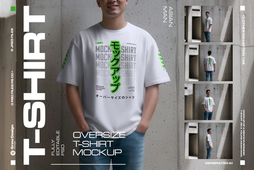 5 Oversized T-Shirt Mockups on Asian Man. Urban Series #1. Generated AI