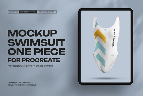 4 Mockups of a One Piece Sports Women's Swimsuit for Procreate. 3D Style