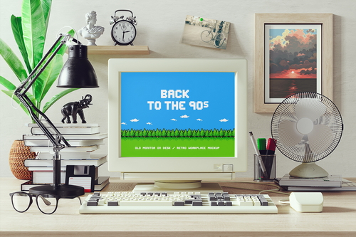 Old Monitor On Desk / Retro Workplace Mockup