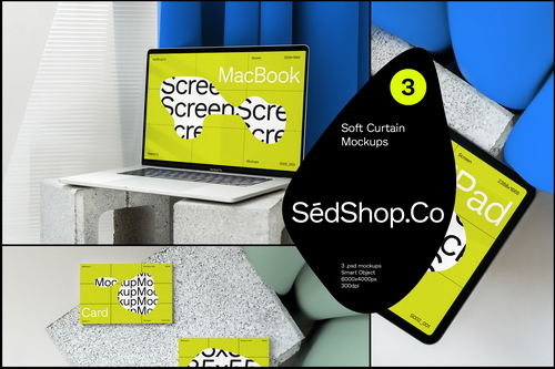 Screens + Business Card - Soft Curtain Mockup Pack