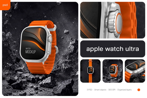 Apple Watch Ultra 2 Style Rugged Smartwatch Mockup Set