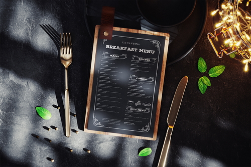 Wooden Menu Holder with Leather Loop Mockup