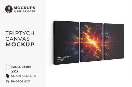 Side Hanging Triptych Canvas Mockup &ndash; Ratio 2x3