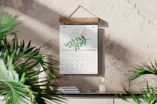 Calendar Poster on Wooden Hanger with Hooks Mockup