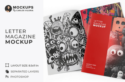 Letter Magazine Cover and Opened Magazine Mockup
