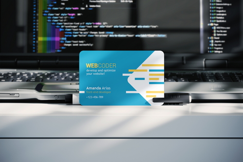 Rounded Corner Business Card Next To Laptop Mockup