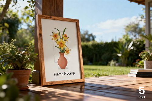 Realistic Wooden Poster Frame Mockup