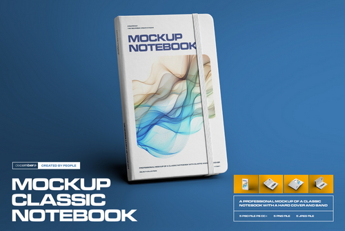 5 Mockups of Classic Notebook with Band and Hard Cover