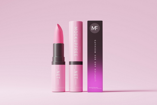 Cosmetic Lipstick and Outer Packaging Box Mockups