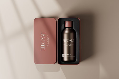 Metallic Box and Glass Bottle Packaging Mockups