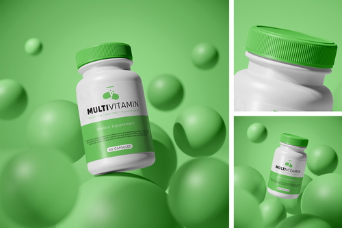 Vitamin Bottle with Flying Bubbles Mockup