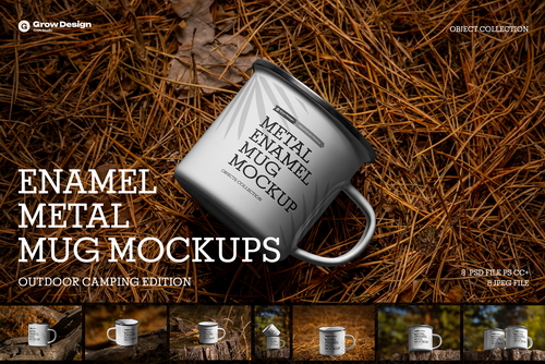 8 Enamel Metal Mug Mockups – Outdoor Camping Edition, 5K High-Res PSD