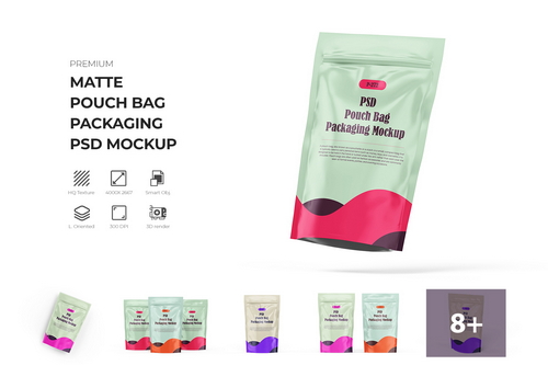 Matte Pouch Bag Packaging PSD Mockup