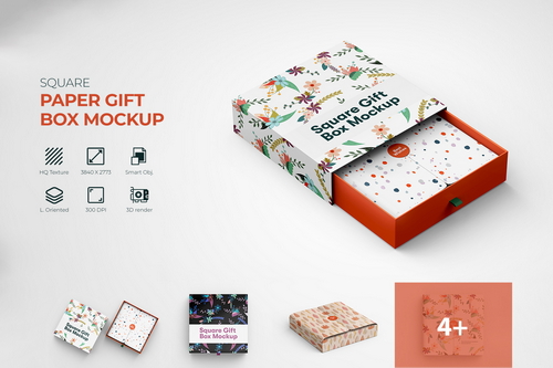 Square Paper Gift Box Mockup