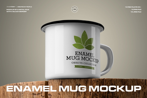 10 Mockups of Enamel Metal Mug with Black Border on Old Wood