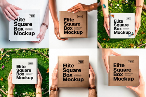 Square Box Packaging Mockup &ndash; Hands Collection (PSD)