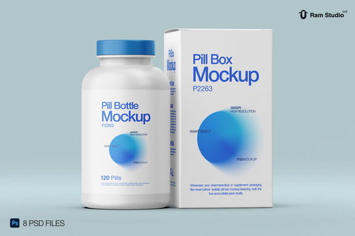 Pill Bottle and Box Packaging Mockup