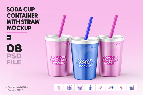 Aluminum Soda Cup With Straw Mockup